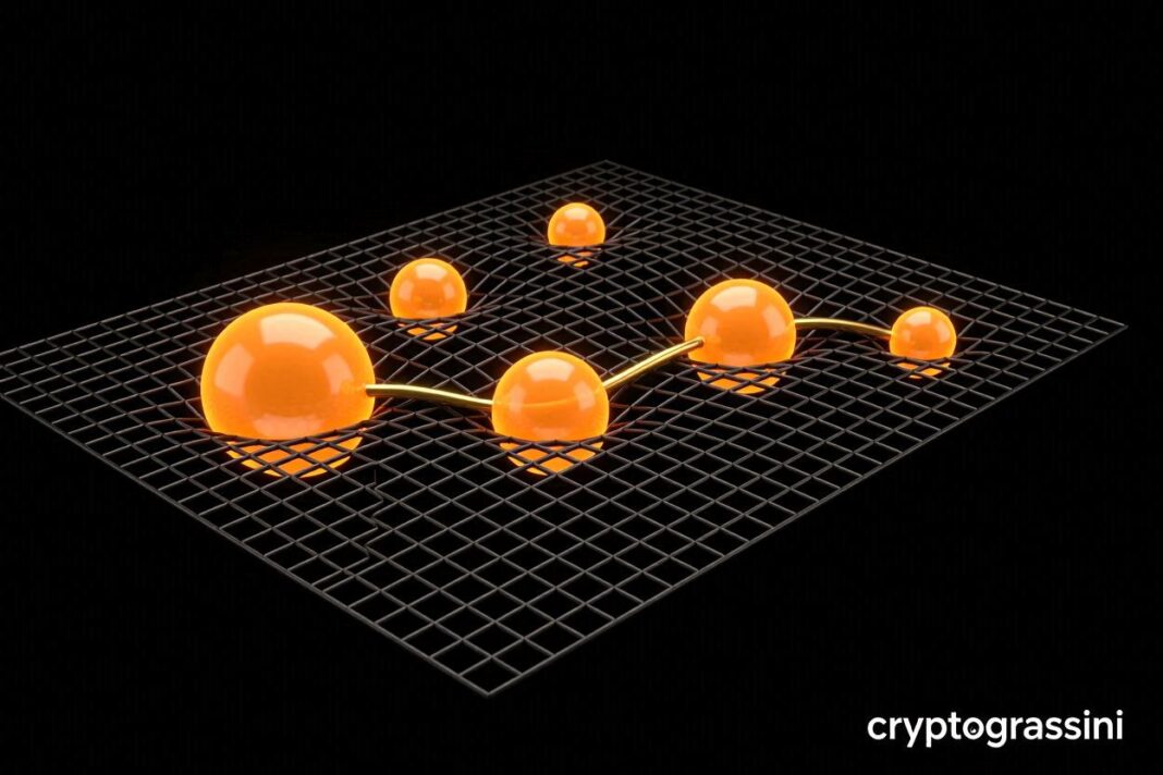 Bolle bitcoin legge di proporzione: visualizzazione 3D della struttura matematica con sfere arancioni su griglia e curva di legge di proporzione