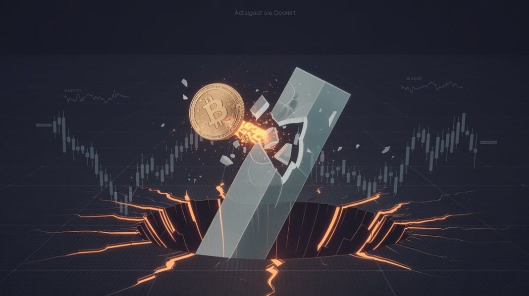 Rischio di crollo di un altcoin Rischio di crollo di un altcoin: moneta che si frantuma su un grafico in caduta