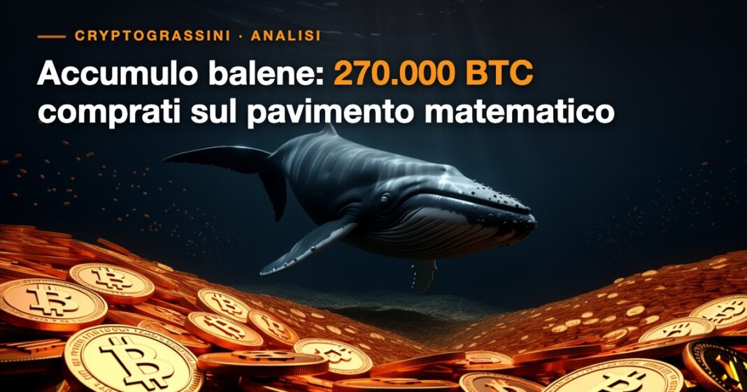 Accumulo balene: una balena sopra un fondale di Bitcoin, 270.000 BTC comprati vicino ai minimi