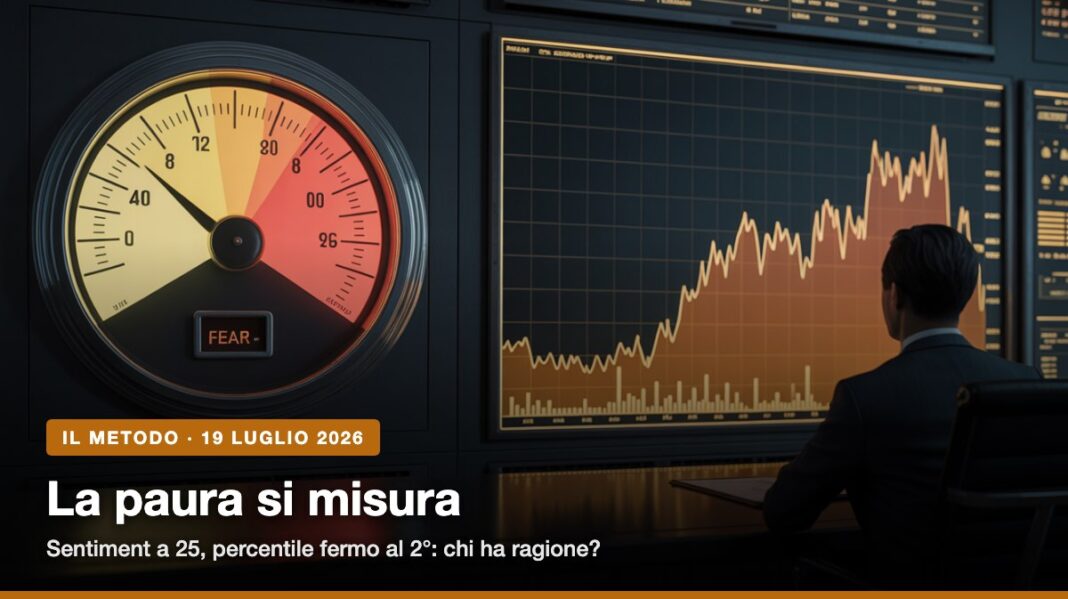 cg-paura-percentile-cover Il sentiment scende a 25 mentre Bitcoin sale a ~64.650$. Il percentile età-aggiustato resta al 2°: perché la paura si se