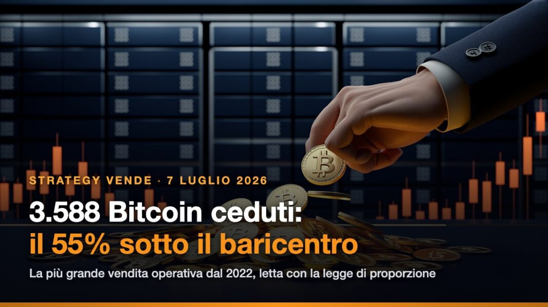 Vendita Strategy: 3.588 Bitcoin ceduti sotto il baricentro matematico