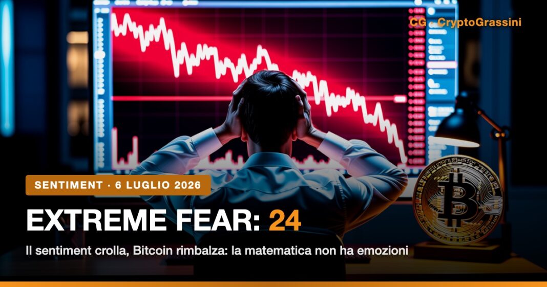 Extreme fear Bitcoin a 24: trader nel panico davanti al grafico rosso mentre Bitcoin rimbalza