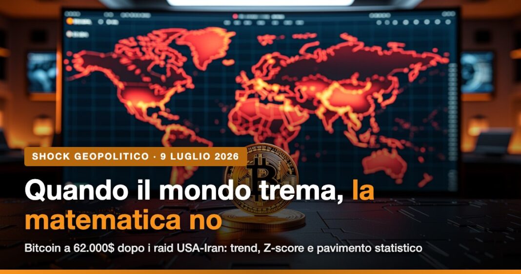 Shock geopolitico Bitcoin Shock geopolitico su Bitcoin: moneta Bitcoin davanti a una mappa mondiale in allerta
