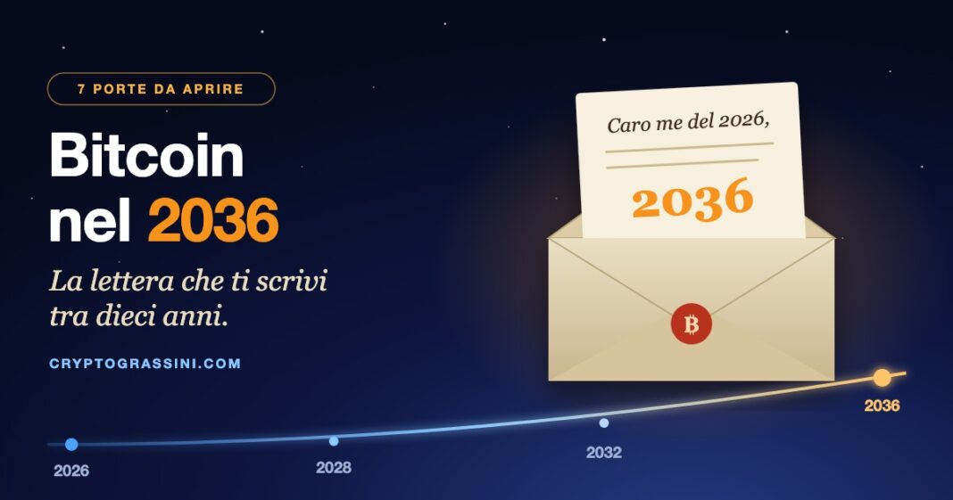 Bitcoin nel 2036: la lettera che ti scrivi tra dieci anni, busta aperta sulla linea del tempo 2026-2036