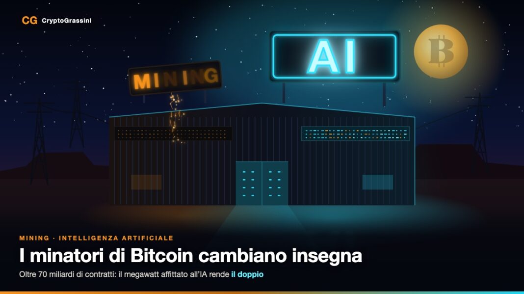 Minatori di Bitcoin e intelligenza artificiale — copertina Minatori di Bitcoin: l’insegna MINING si spegne e si accende quella AI sul capannone