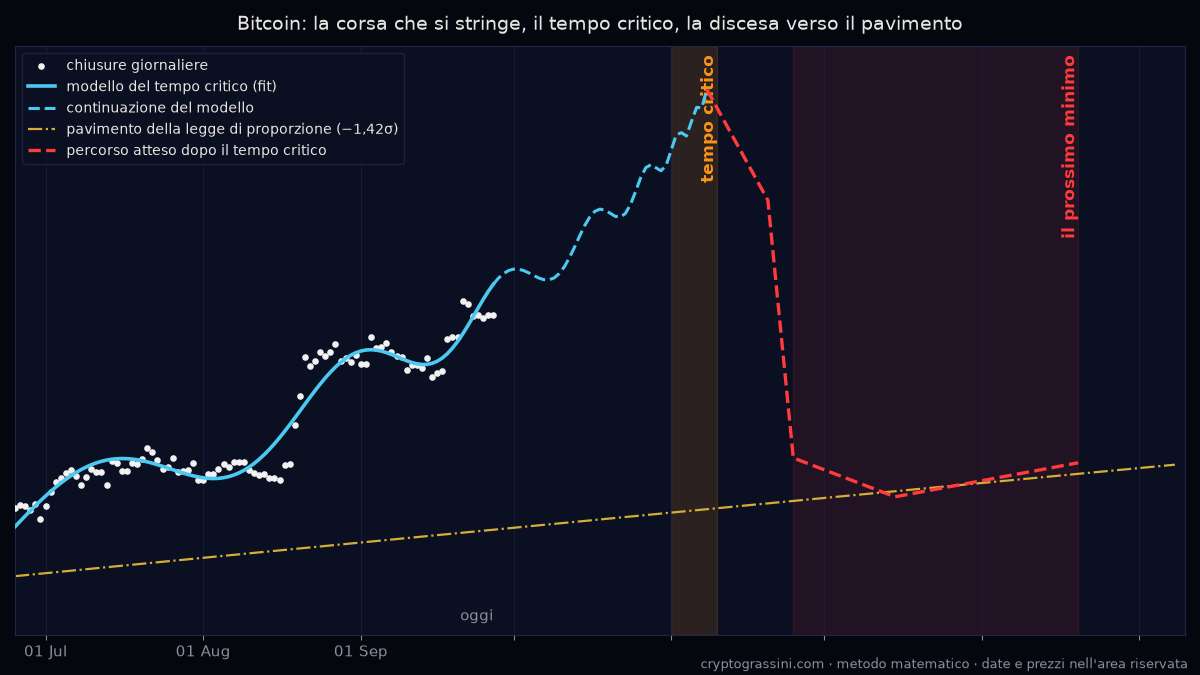 Bitcoin: il fit del tempo critico, la finestra del minimo e il pavimento della legge di proporzione, senza date né prezzi