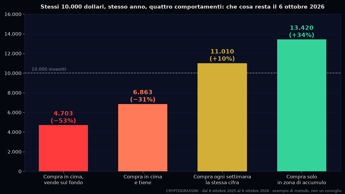 Stessi 10.000 dollari su Bitcoin in un anno: quattro comportamenti e che cosa resta