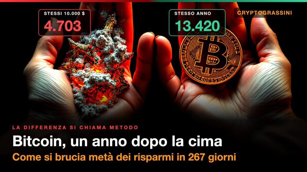Perdere soldi con Bitcoin: la stessa moneta in due mani, in una si sbriciola in cenere, nell'altra resta intera