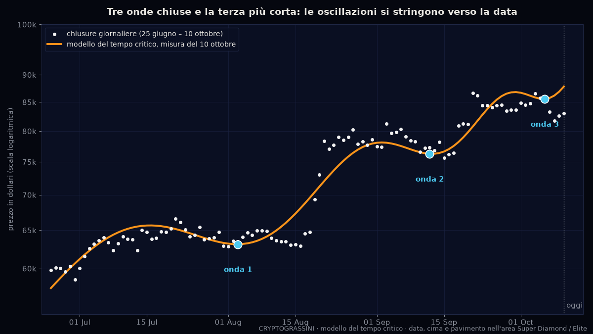 Chiusure giornaliere di Bitcoin dal 25 giugno al 10 ottobre 2026 con il modello del tempo critico e le tre onde completate