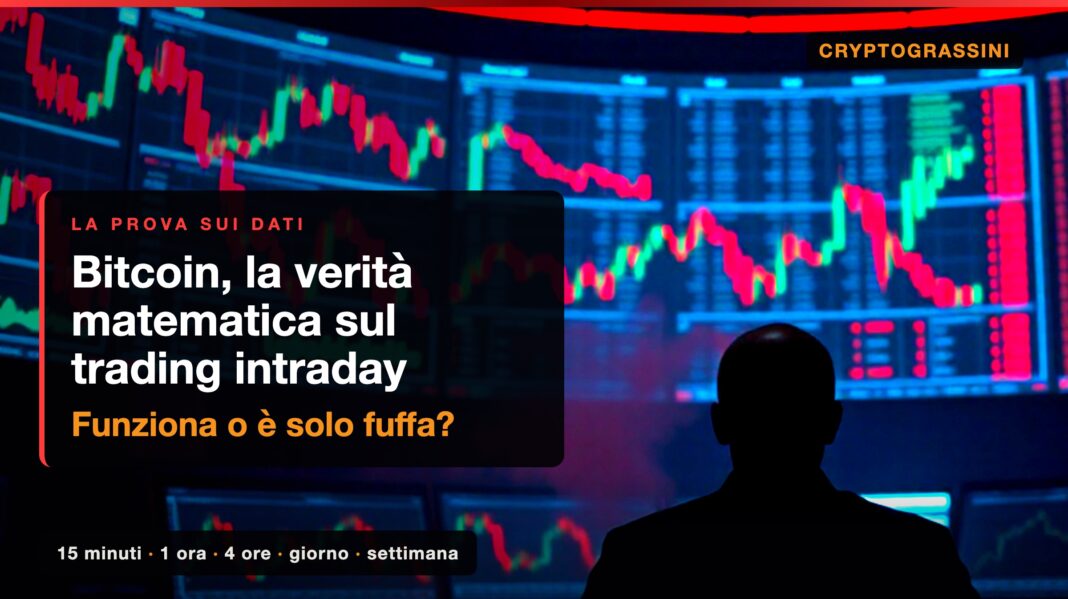 Trading intraday Bitcoin: un trader di spalle davanti a un muro di grafici a candele